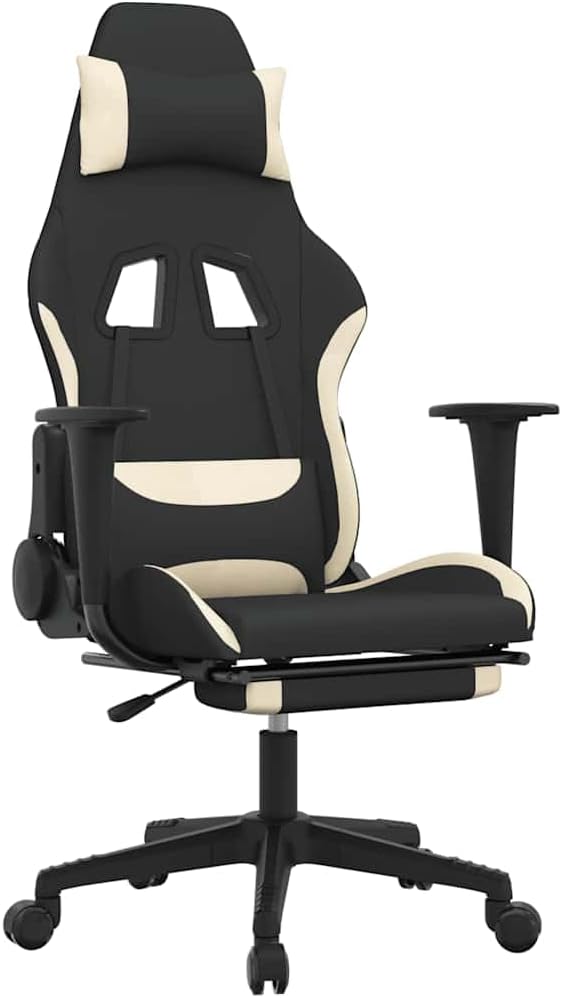 Black and Cream Fabric Massage Gaming Chair with Retractable Footrest Ergonomic Reclining Computer Desk Chair for Adults Lumbar Support 360-Degree Swivel