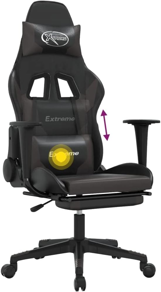 Massage Gaming Chair with Footrest Black&ampGray Faux Leather (Weight: 36.6 lbs)