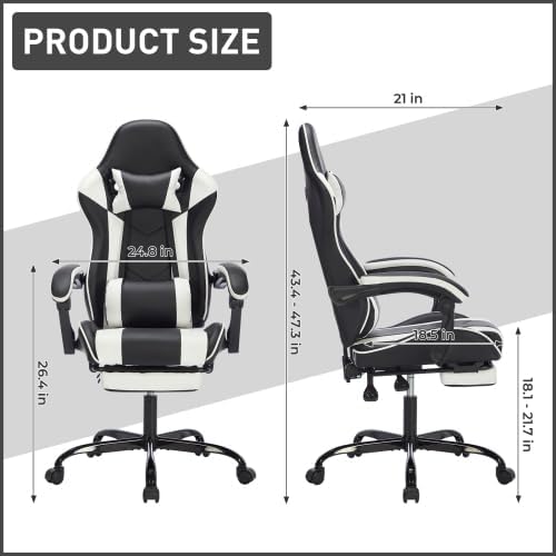 extrasleep Video Game Chairs with Footrest Ergonomic Gaming Chair for Adults with Massage Lumbar Support Adjustable Backrest Computer Gaming Chair Leather Desk Chair Black White