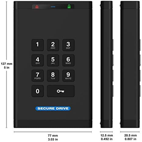 SecureData SecureDrive KP 1TB Hardware Encrypted USB 3.0 External Drive FIPS 140-2 Level 3 Unlock via Keypad TAA Compliant CJIS HIPAA CMMC GDPR Compliant Works with Mac and Win Free AV