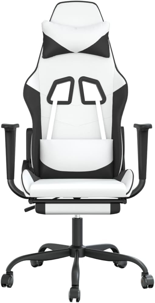 Massage Gaming Chair with FootrestFaux Leather Computer Game ChairMassage Office ChairErgonomic Desk Chair PC Gaming Chair for Adults Teens(White&ampBlack) -AA