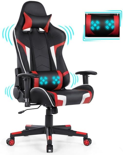 Gaming Chair with Electric Lumbar Massage 330lb Load 90°–180° Recline Range 360° Swivel Height-Adjustable Seat 5-Claw Stability Base Premium Faux Leather 5 Color Variants