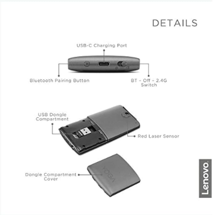 Lenovo Yoga Computer Mouse for PC Laptop Computer with Windows or Chrome - 2.4GHz Wireless Nano Receiver &amp Bluetooth 5.0 - Ergonomic V-Shape - Twists Flat - Built-in Laser Presenter - Iron Grey