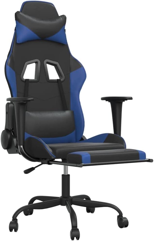 SKM Massage Gaming Chair with Footrest Black&ampBlue Faux Leather (16.4 KG/36.08 LBS)