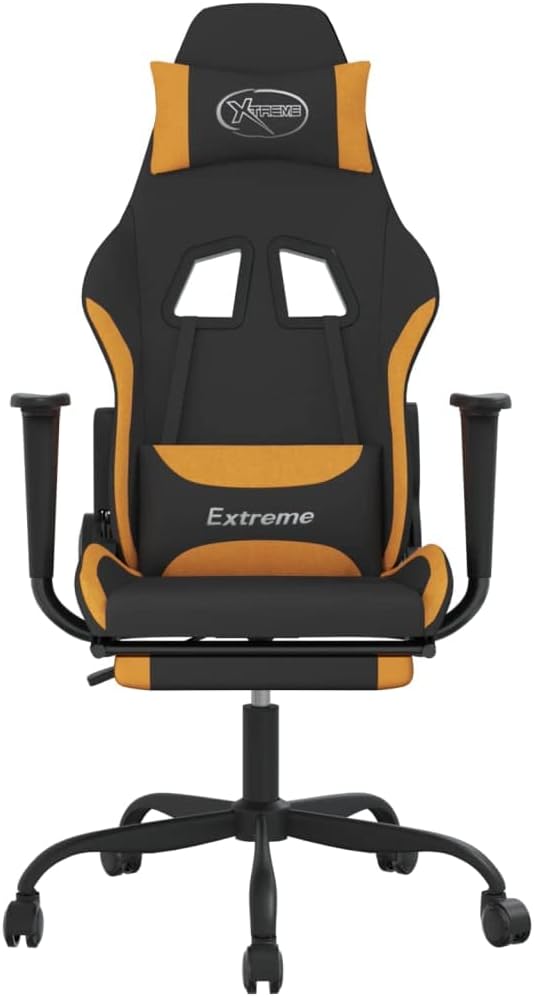 Ergonomic Massage Gaming Chair with Adjustable Footrest and Tilt Function in Black and Orange Fabric for Office and Home Use