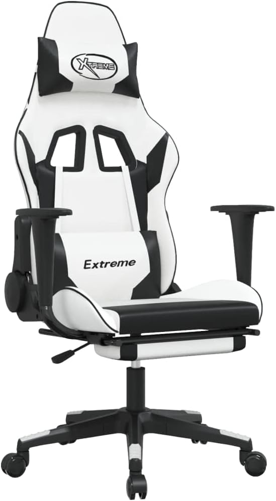 Massage Gaming Chair with Footrest White&ampBlack Faux Leather (Weight: 36.6 lbs)