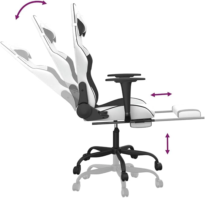 vidaXL Massage Gaming Chair for Adult Reclining Computer Chair with Footrest and Headrest Height Adjustable Office Chair with 360°-Swivel Castors White and Black Faux Leather
