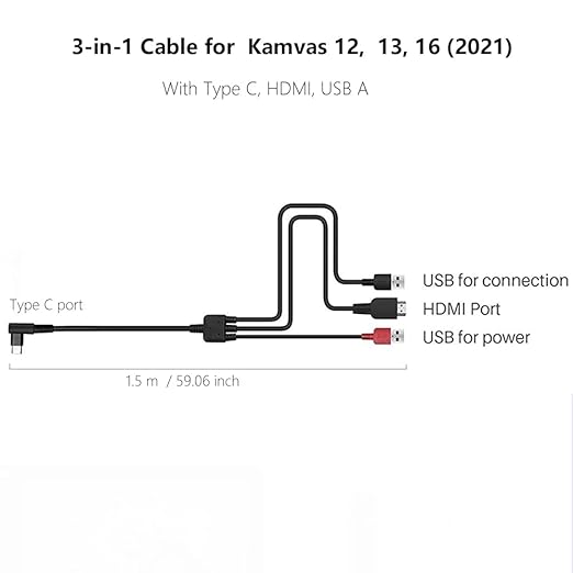 3-in-1 Cable CB05A Suitable for huion Graphics Drawing Tablet Display Kamvas 12 Kamvas 13 Kamvas 16 (2021) with HDMI Type C USB A