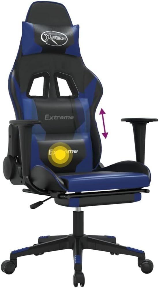 Massage Gaming ChairComputer Gaming Chair Swivel Task Chair with Headrest and Lumbar Support Suitable for Office Gaming Room with Footrest Black Blue Faux Leather
