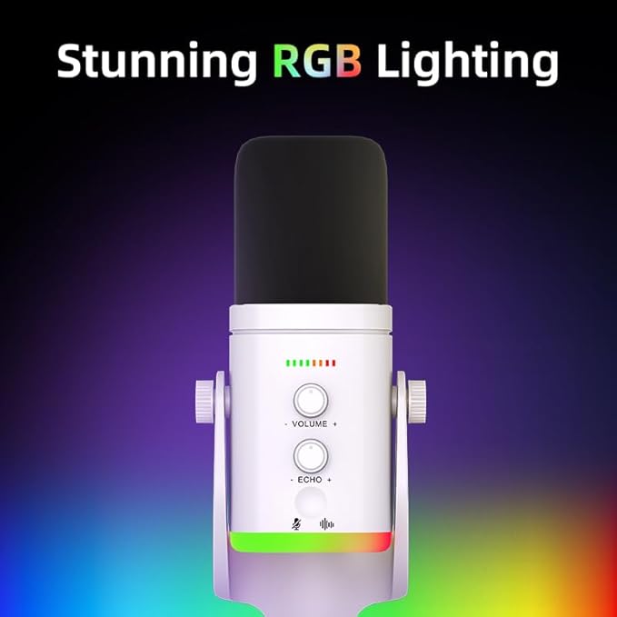 USB/XLR Desktop Dynamic Microphone with RGB Light Noise Reduction &amp Mute Button for Podcast Recording PC Computer Gaming Streaming Mic with RGB Light Mute Button Headphones Jack (White)