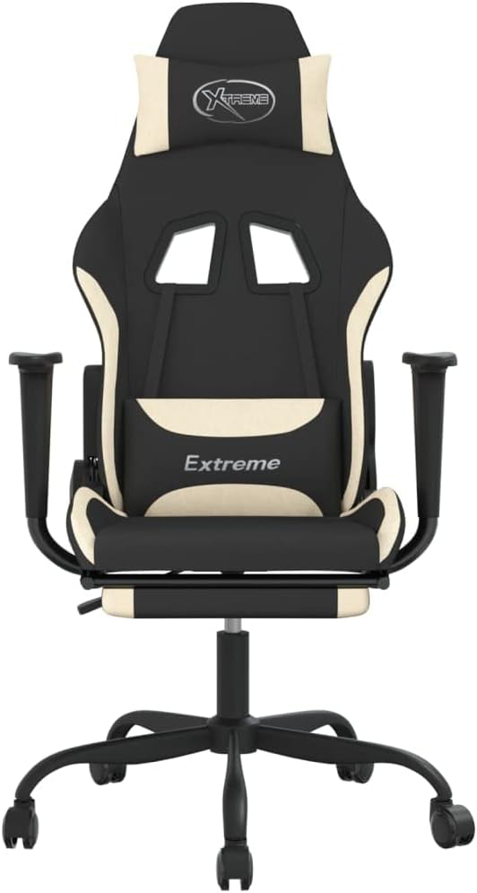 Massage Office Gaming Chair with Footrest Fabric Massage Office Chair Ergonomic Desk Chair Rolling Swivel Adjustable PC Computer Chair for Women Adults Girls(Black&ampCream)