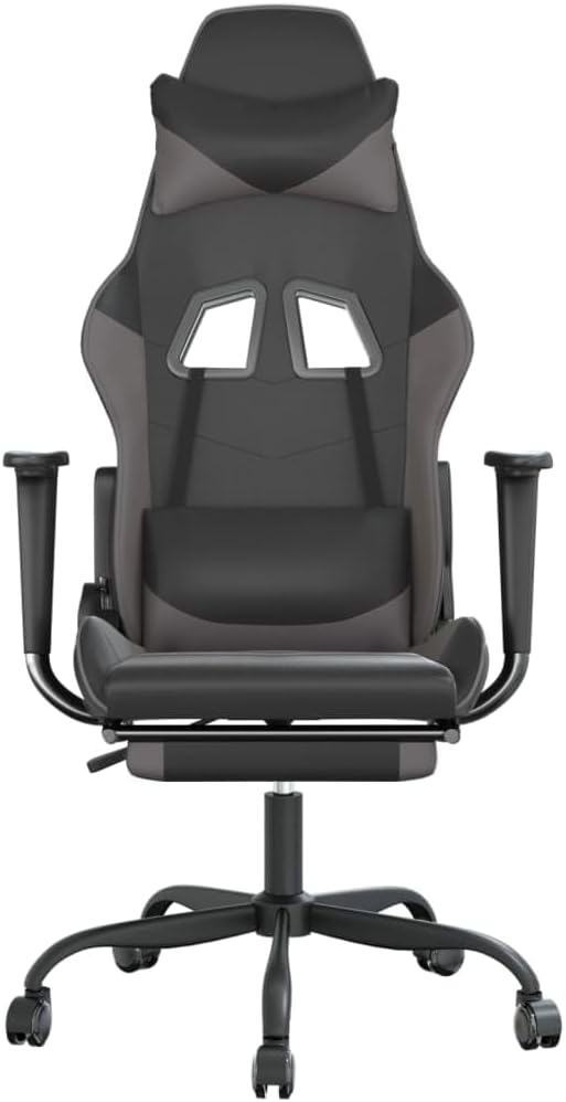 Massage Gaming Chair with Footrest Black&ampGray Faux Leather Gaming Chair with Ergonomic Design Adjustable Features - for Gamers and Office Use