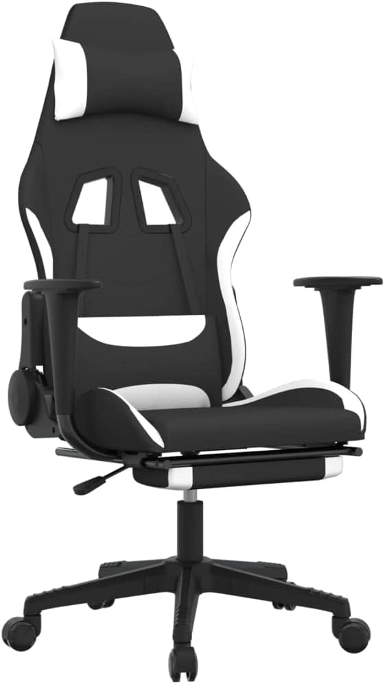 Ergonomic Gaming Chair with Adjustable Armrests Footrest Swivel Function Polyester Fabric Black and White