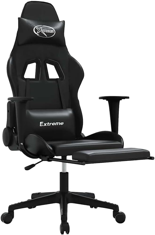 Massage Gaming Chair with Footrest - Faux Leather Reclining Ergonomic Desk Office Computer Game Chair with Lumbar Support &amp Adjustable Height Black