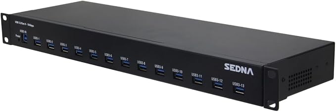 SEDNA - 19 Inch 1U Rack Mount 13 Port USB 3.2 Gen II Hub (10Gbps) (13 x Type A Ports) with 5V 10A AC/DC Adapter