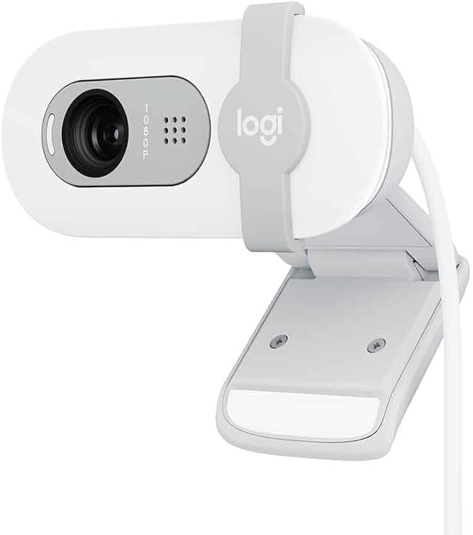 Logitech Brio 100 Full HD Webcam with Built-in Microphone Privacy Protection Auto Light Correction and USB-A Connection - White