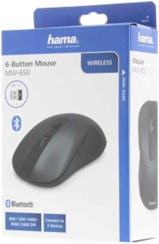 Hama Computer Mouse Wireless (6-Button Optical Mouse Multi-Device Mouse for PC Laptop and Laptop for Right-Handed Users 800-2400 dpi Bluetooth Windows 11/10/8/7 Android 4.3 MAC) Black