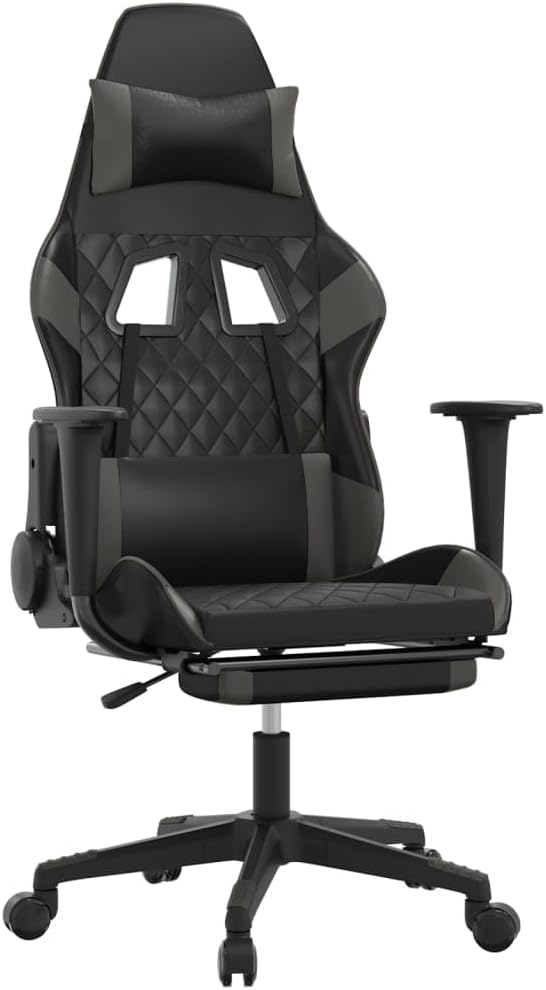 Gaming Chair with Footrest Black and Gray Faux Leather Gaming Chair with Ergonomic Design Adjustable Features - for Gamers and Office Use