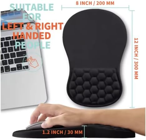 Ergonomic Mouse Pad with Wrist Support &amp Massage Design – Memory Foam Cushion Non-Slip PU Base – Carpal Tunnel Pain Relief for Wireless Mouse &amp Desk Use – 12x8 Inch (Black)