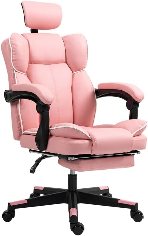 Adjustable Pink PU Leather Gaming Chair - 135° Recline Built-in Footrest 360° Swivel for Home/Office
