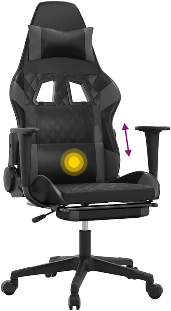 Black and Gray Gaming Chair with USB Massage and Reclining Backrest Ergonomic Office Chair with Adjustable Armrests and Memory Foam Cushion for Long Sessions Supports 265