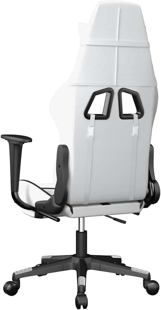 Massage Gaming Chair with Retractable Footrest White &amp Black Faux Leather Ergonomic Reclining Computer Desk Chair for Adults