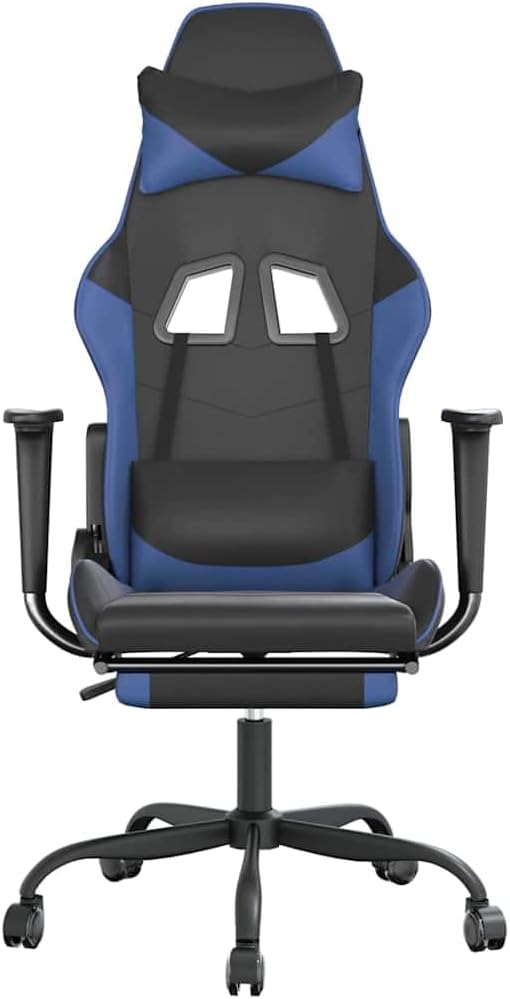 Massage Gaming Chair with Footrest Black &amp Blue Faux Leather Ergonomic Reclining Computer Desk Chair with Lumbar Support for Home Office