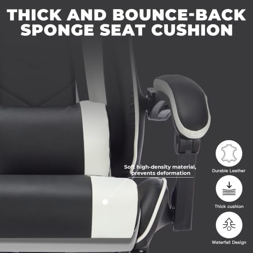 extrasleep Video Game Chairs with Footrest Ergonomic Gaming Chair for Adults with Massage Lumbar Support Adjustable Backrest Computer Gaming Chair Leather Desk Chair Black White