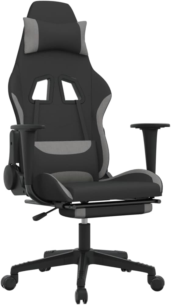 Massage Gaming Chair with Footrest Black and Light Gray Fabric