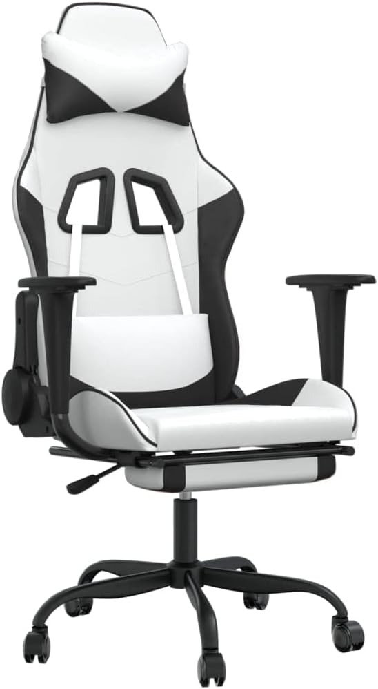 Massage Gaming Chair with FootrestFaux Leather Computer Game ChairMassage Office ChairErgonomic Desk Chair PC Gaming Chair for Adults Teens(White&ampBlack)