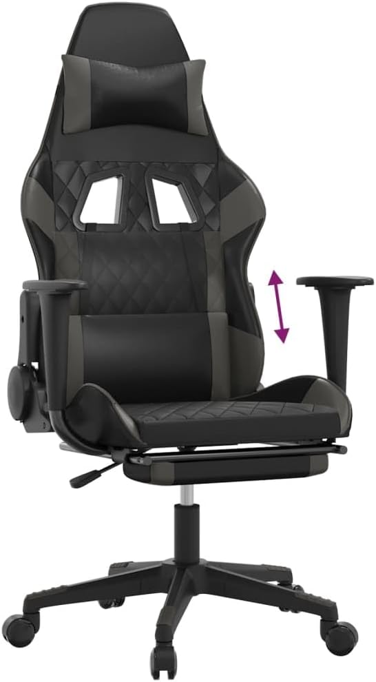 Gaming Chair with Footrest Black and Gray Faux Leather Gaming Chair with Ergonomic Design Adjustable Features - for Gamers and Office Use