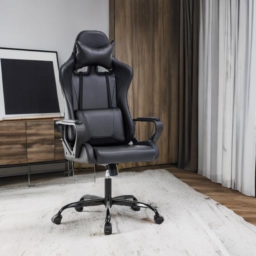 Gaming Chair with Lumbar Support High-Back Office Chair for Adults with Ergonomic Computer Racing Chair PU Desk Task Chair with Support Flip Up Arms Headrest Black