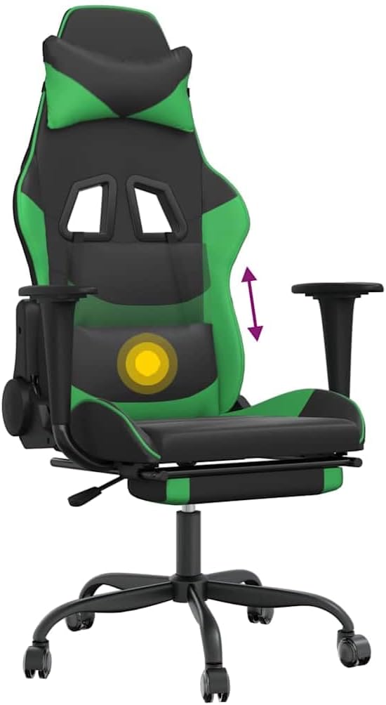 Adjustable Gaming Chair with USB Massage Feature Black and Green Faux Leather Upholstery Ergonomic Support and Memory Foam Cushion for Home Office and Gaming Setup