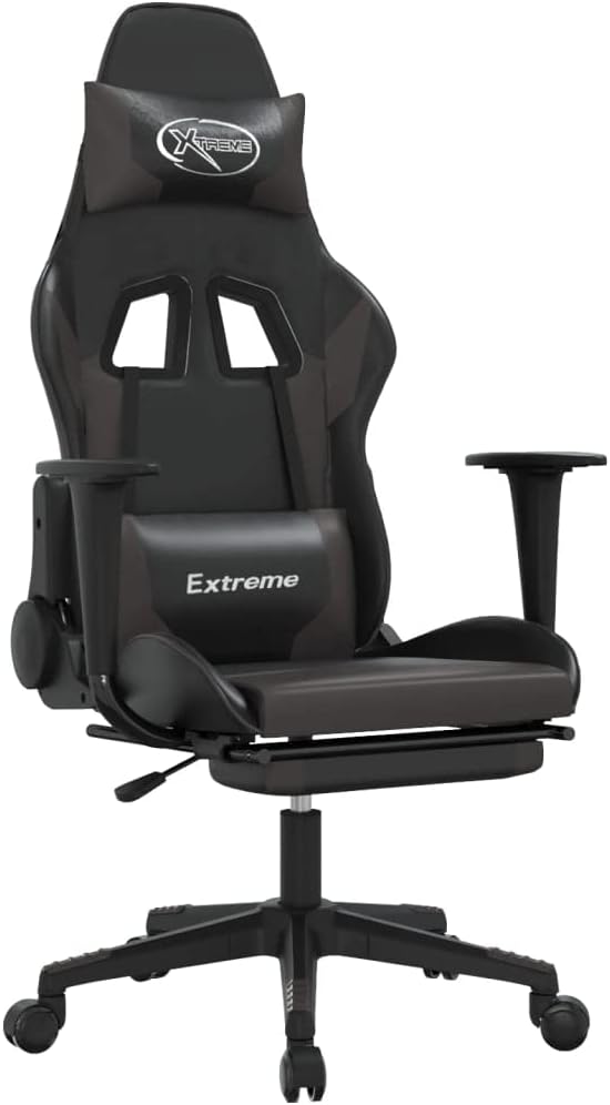 Massage Gaming Chair with Footrest Black&ampGray Faux Leather (Weight: 36.6 lbs)