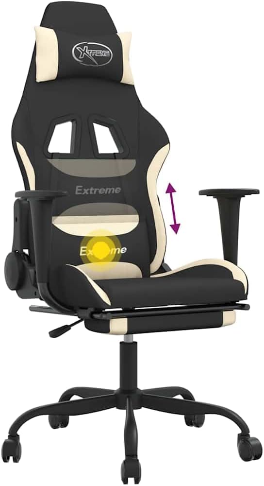 vidaXL Massage Gaming Chair for Adult Reclining Computer Chair with Footrest and Headrest Height Adjustable Office Chair with 360°-Swivel Castors Black and Cream Fabric