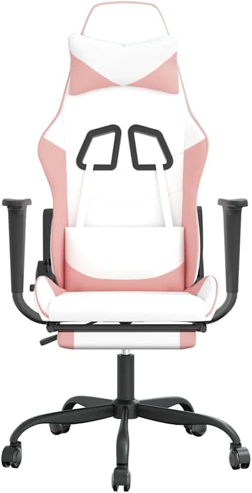White and Pink Gaming Chair with Massage Function and Adjustable Armrests Ergonomic Swivel Recliner with Memory Foam Cushion for Home Office and Gaming Setup
