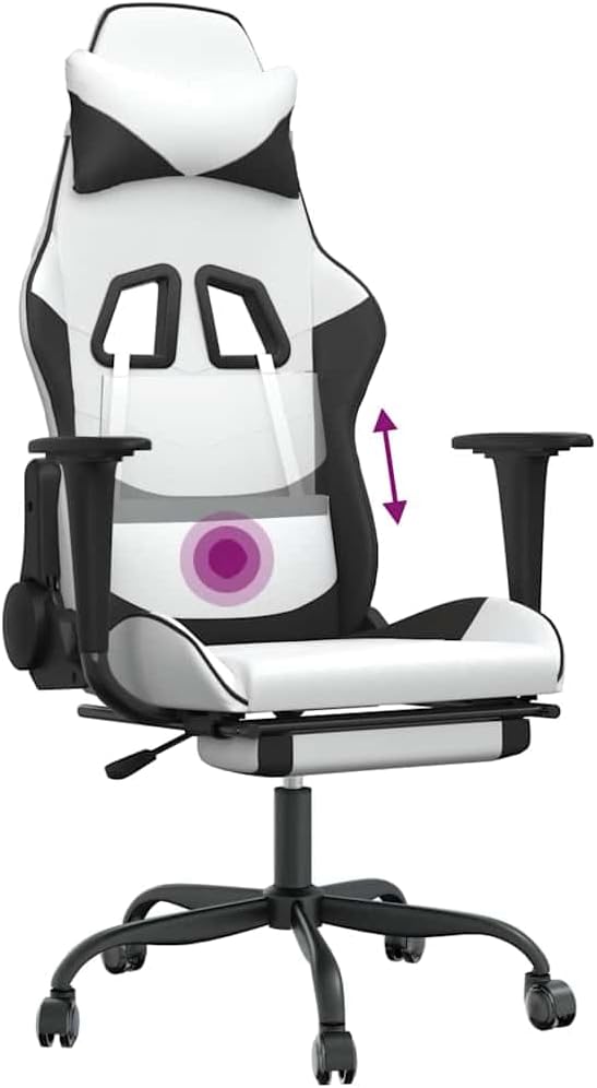 vidaXL Massage Gaming Chair for Adult Reclining Computer Chair with Footrest and Headrest Height Adjustable Office Chair with 360°-Swivel Castors White and Black Faux Leather