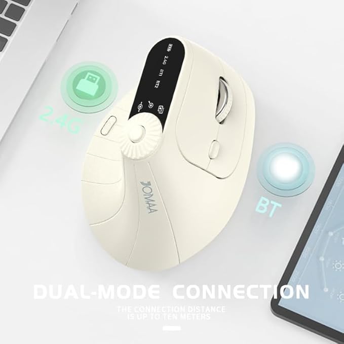 JOMAA Wireless 2.4G &amp Dual Bluetooth Three-Channel Ergonomic Vertical Mouse Adjustable DPI Multi-Function Turntable for PC Laptop MacBook Rechargeable (Beiga)