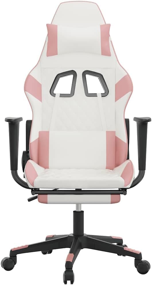 White Pink Faux Leather Gaming Chair Ergonomic Reclining Office Desk Chair with Footrest USB Massage Lumbar Support