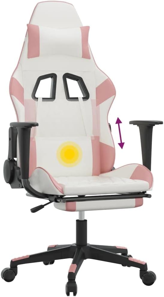 Massage Gaming Chair with Footrest and Lumbar Support Computer Chair Height Adjustable Game Chair with 360°-Swivel Seat and Headrest White&ampPink Faux Leather