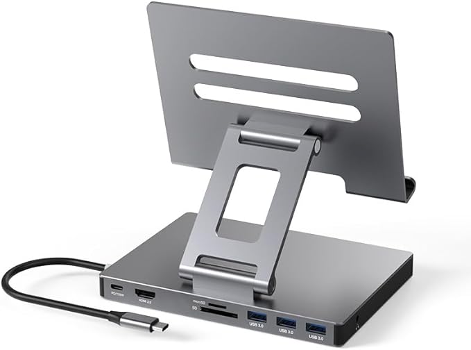 iPad Pro USB C Hub Stand Multiport Adapter for iPad Pro M4 M3 M2 M1 13 12.9 11 Inch iPad Air Docking Station Foldable 4K 60Hz HDMI PD Charging SD/TF Card Reader 3 USB 3.0 3.5mm Audio