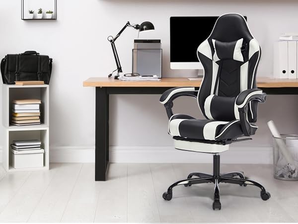 Gaming Chair with Footrest Ergonomic Computer Chair with Headrest and Lumbar Support Breathable Material Height Adjustable Video Game Chairs for Adults Black White