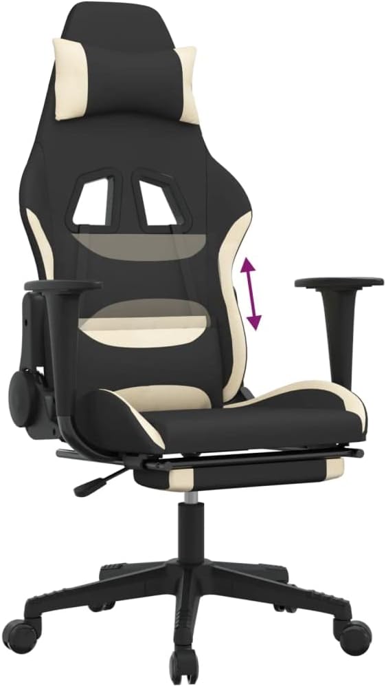 Gaming Chair with Footrest Black and Cream Fabric