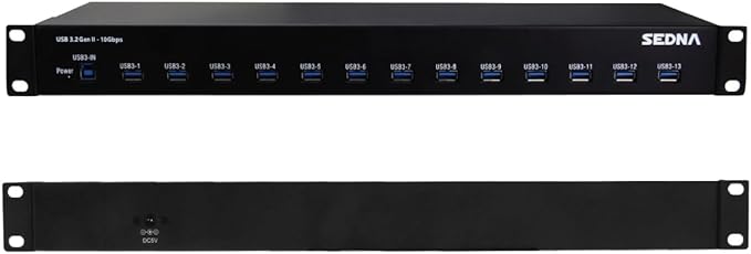 SEDNA - 19 Inch 1U Rack Mount 13 Port USB 3.2 Gen II Hub (10Gbps) (13 x Type A Ports) with 5V 10A AC/DC Adapter
