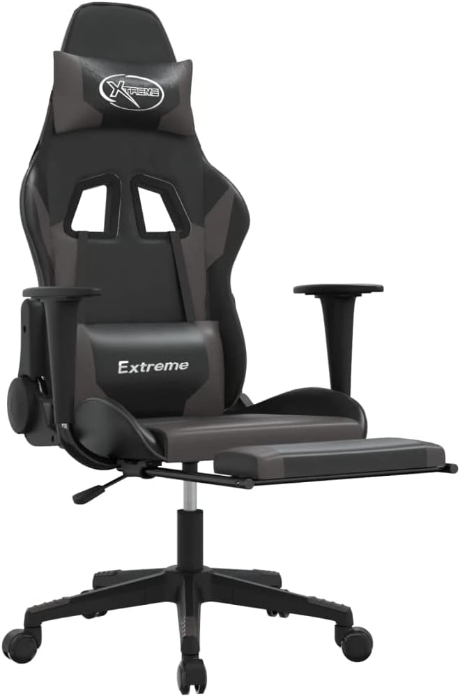 SKM Massage Gaming Chair with Footrest Black&ampGray Faux Leather (16.6 KG/36.52 LBS)
