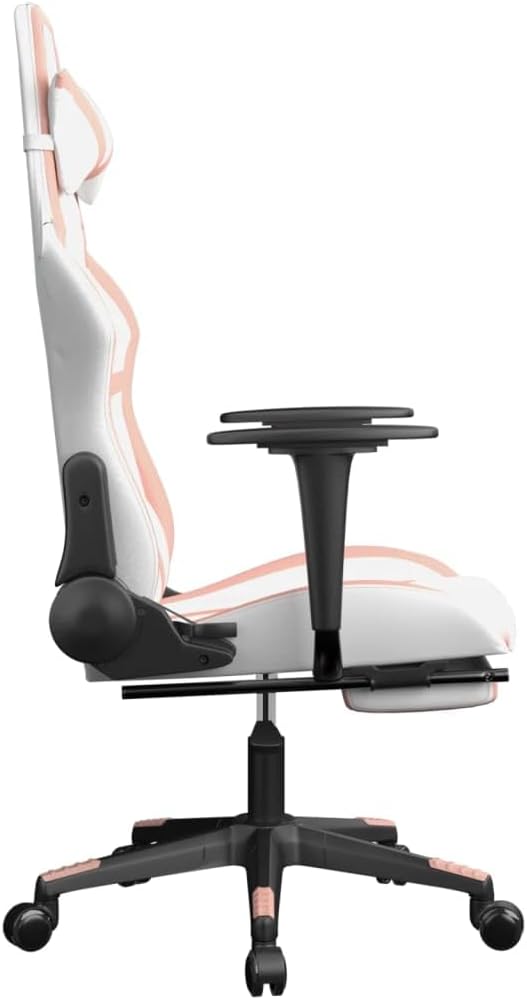 Massage Gaming Chair with Footrest White&ampPink Faux Leather