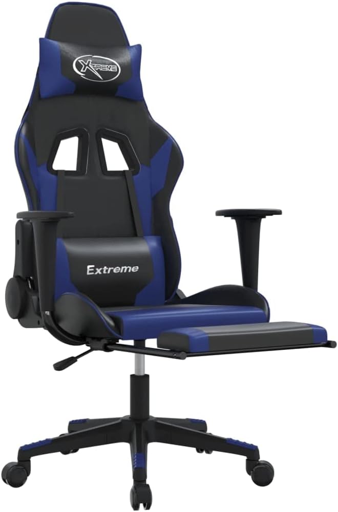 Massage Gaming ChairComputer Gaming Chair Swivel Task Chair with Headrest and Lumbar Support Suitable for Office Gaming Room with Footrest Black Blue Faux Leather