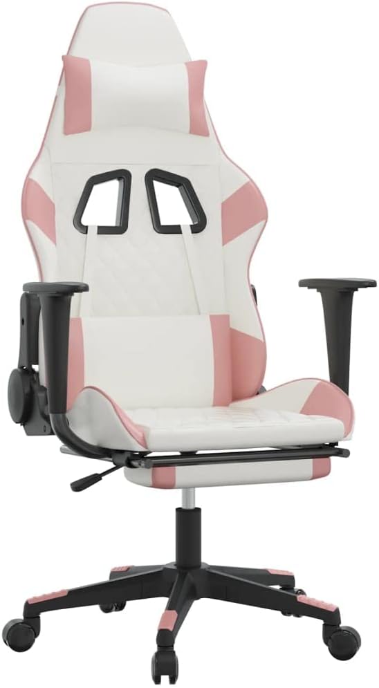 Massage Gaming Chair with Footrest and Lumbar Support Computer Chair Height Adjustable Game Chair with 360°-Swivel Seat and Headrest White&ampPink Faux Leather -AA