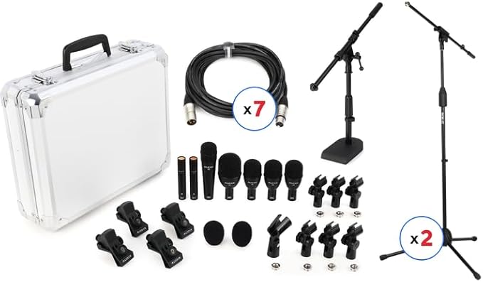 Audix FP7 Drum Microphone Bundle with Stands Cables and Case – Professional 7-Piece Mic Set for Drum Kits Snare Toms Cymbals and Kick Drum