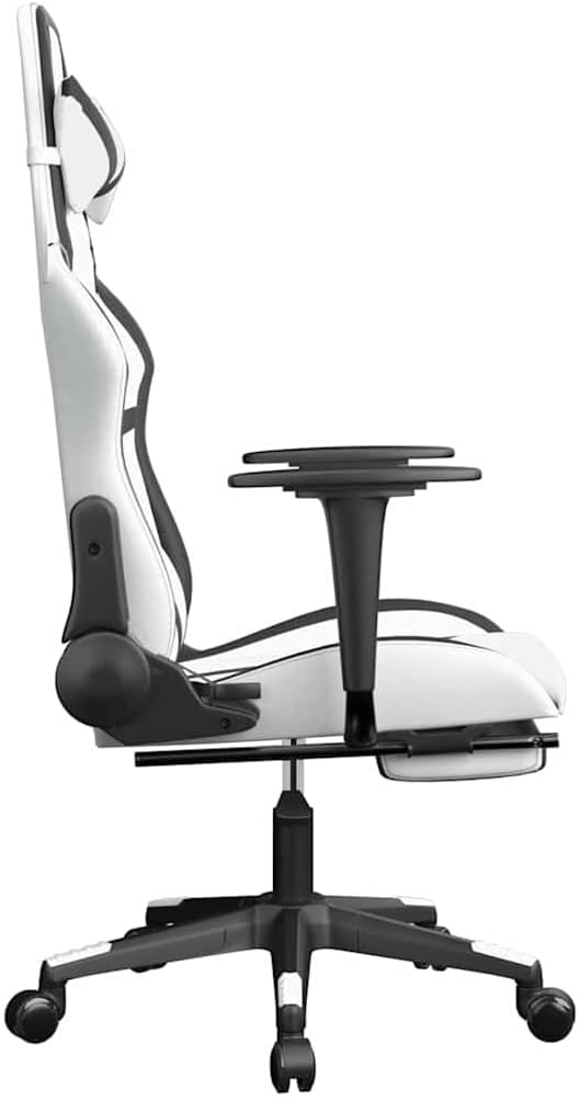 Massage Gaming Chair with Retractable Footrest White &amp Black Faux Leather Ergonomic Reclining Computer Desk Chair for Adults